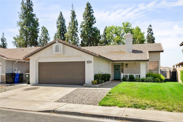 13797 Mesquite Dr, Fontana, CA 92337 - single story home with a garage, a chimney, stucco siding, and a front yard