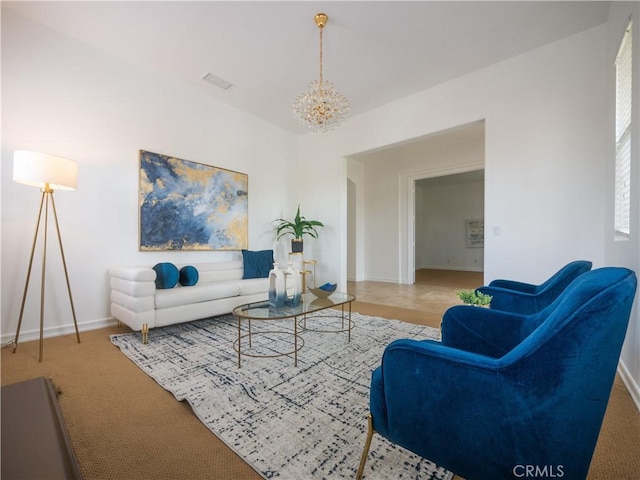 8365 Sanctuary Dr, Corona, CA 92883 - carpeted living room featuring a chandelier and baseboards