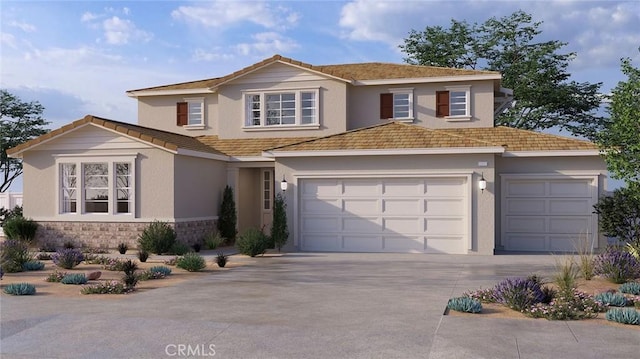 41847 Oak Barrel Ct, Palmdale, CA 93551 - traditional home featuring concrete driveway, stucco siding, stone siding, an attached garage, and a tiled roof