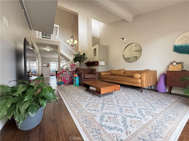 6310 Ridgemar Ct, Rancho Palos Verdes, CA 90275 - living room with wood finished floors, beamed ceiling, a chandelier, and high vaulted ceiling