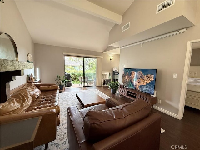 6310 Ridgemar Ct, Rancho Palos Verdes, CA 90275 - living room featuring wood finished floors, beam ceiling, a multi sided fireplace, baseboards, and high vaulted ceiling