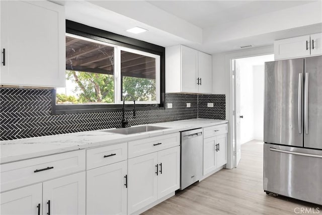14855 Flathead Rd, Apple Valley, CA 92307 - kitchen featuring stainless steel appliances, a sink, tasteful backsplash, and white cabinets