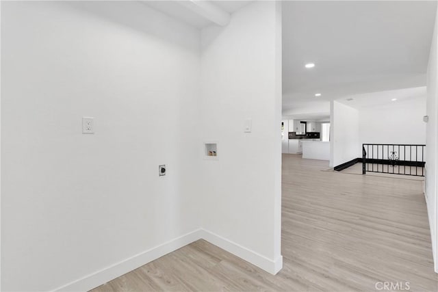 14855 Flathead Rd, Apple Valley, CA 92307 - laundry area with hookup for an electric dryer, light wood finished floors, hookup for a washing machine, baseboards, and recessed lighting