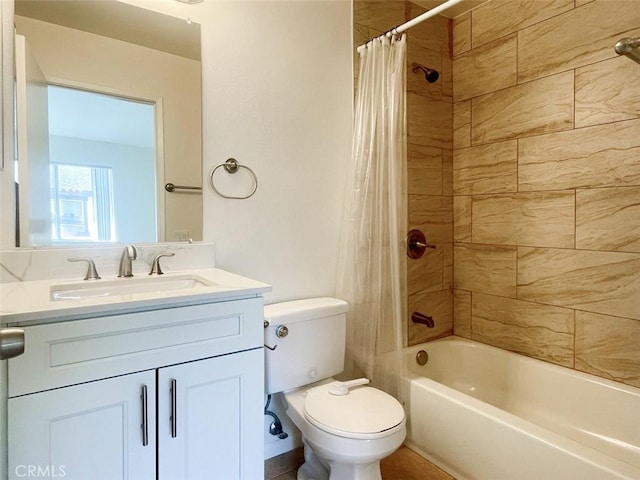 17081 Green Ln, Huntington Beach, CA 92649 - bathroom with toilet, vanity, and shower / tub combo with curtain