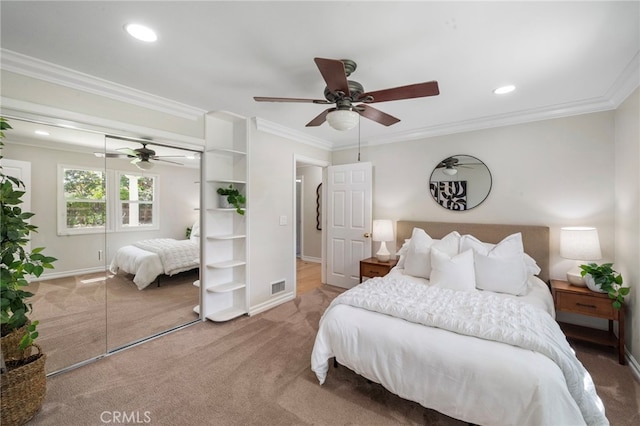 13782 Gershon Pl, North Tustin, CA 92705 - bedroom featuring carpet flooring, a closet, crown molding, recessed lighting, and ceiling fan