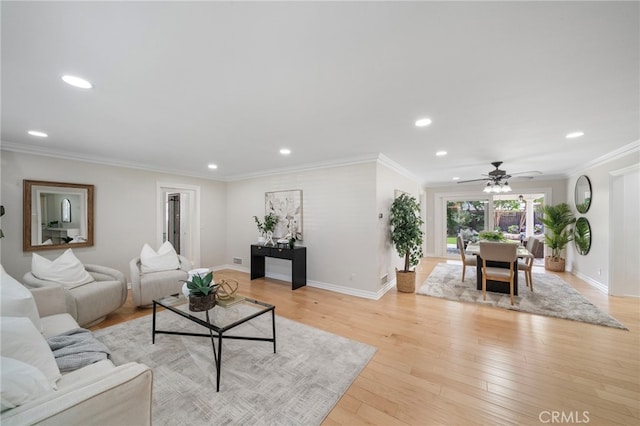 13782 Gershon Pl, North Tustin, CA 92705 - living room with recessed lighting, light wood-type flooring, ceiling fan, and crown molding