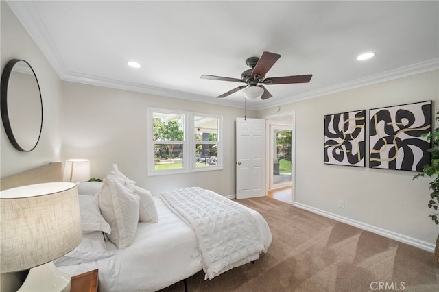 13782 Gershon Pl, North Tustin, CA 92705 - bedroom featuring carpet flooring, crown molding, recessed lighting, and ceiling fan