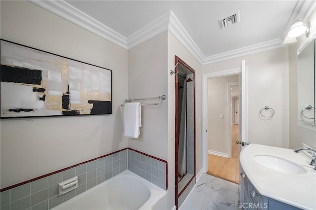 13782 Gershon Pl, North Tustin, CA 92705 - bathroom with ornamental molding, marble finish flooring, vanity, and a bath