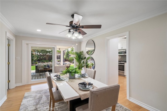 13782 Gershon Pl, North Tustin, CA 92705 - dining room featuring light wood-style flooring, ornamental molding, a ceiling fan, and recessed lighting