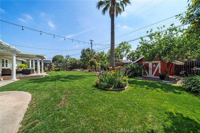13782 Gershon Pl, North Tustin, CA 92705 - view of yard with an outdoor hangout area, a storage shed, and a pergola