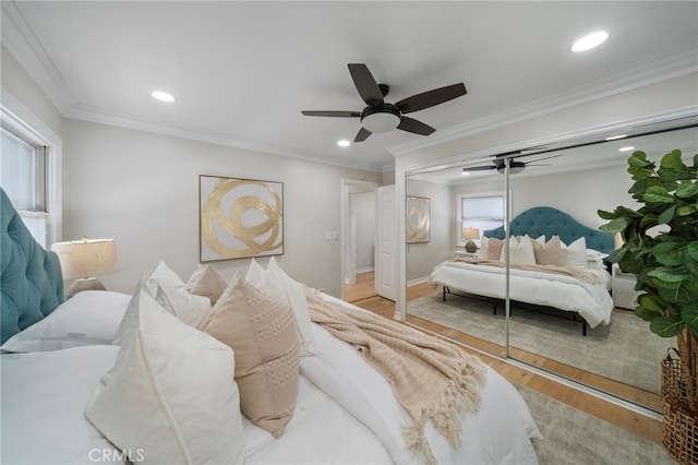 13782 Gershon Pl, North Tustin, CA 92705 - bedroom featuring wood finished floors, recessed lighting, ceiling fan, and crown molding