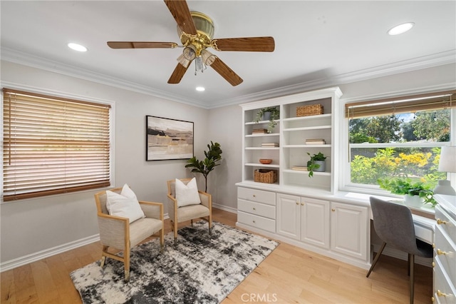 13782 Gershon Pl, North Tustin, CA 92705 - sitting room with light wood-style floors, ornamental molding, recessed lighting, a desk, and ceiling fan