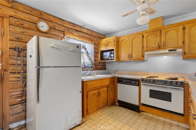 38579 Payne Way, Caliente, CA 93518 - kitchen featuring white appliances, rustic walls, under cabinet range hood, a sink, and light countertops