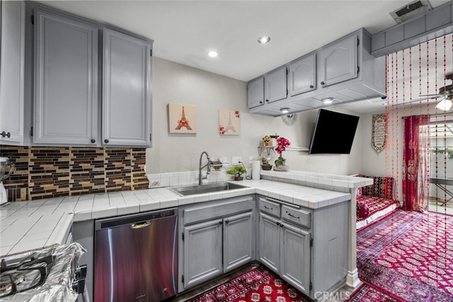 2346 Royal Ave Unit 9, Simi Valley, CA 93065 - kitchen featuring dishwasher, a sink, gray cabinetry, backsplash, and recessed lighting