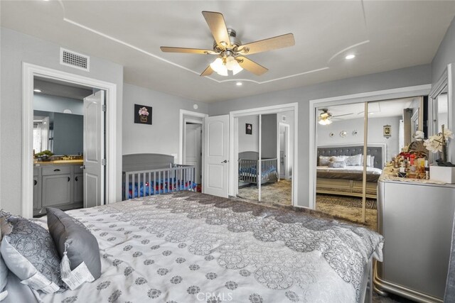2346 Royal Ave Unit 9, Simi Valley, CA 93065 - bedroom featuring multiple closets, ceiling fan, recessed lighting, and connected bathroom