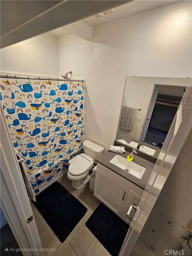 10402 Harlow Cir Unit 41, San Diego, CA 92108 - bathroom featuring vanity, tile patterned flooring, toilet, and curtained shower