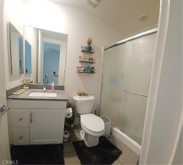 10402 Harlow Cir Unit 41, San Diego, CA 92108 - full bathroom with tile patterned floors, toilet, a stall shower, and vanity