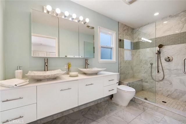 5023 Stern Ave, Sherman Oaks, CA 91423 - bathroom featuring double vanity, walk in shower, marble look tile flooring, toilet, and recessed lighting