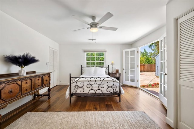 5023 Stern Ave, Sherman Oaks, CA 91423 - bedroom featuring access to exterior, wood finished floors, french doors, baseboards, and a ceiling fan