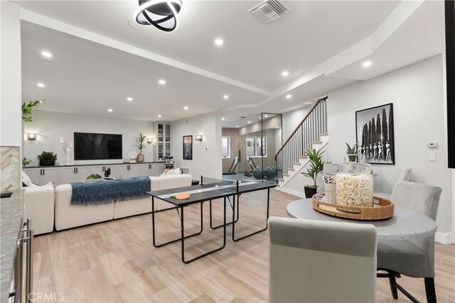 2141 Circle Dr, Hermosa Beach, CA 90254 - dining space featuring recessed lighting, stairway, and light wood finished floors