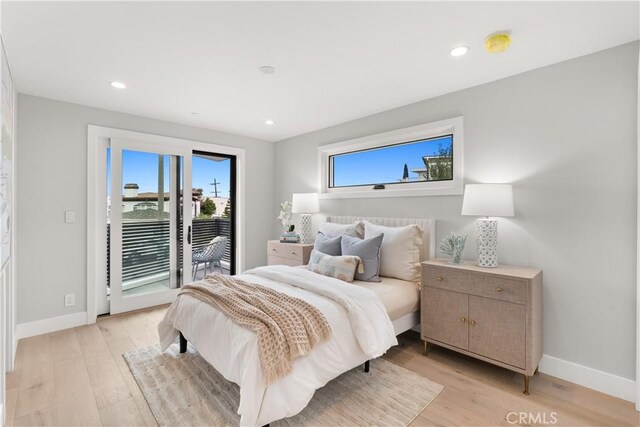 2141 Circle Dr, Hermosa Beach, CA 90254 - bedroom featuring access to outside, baseboards, light wood-style flooring, and recessed lighting