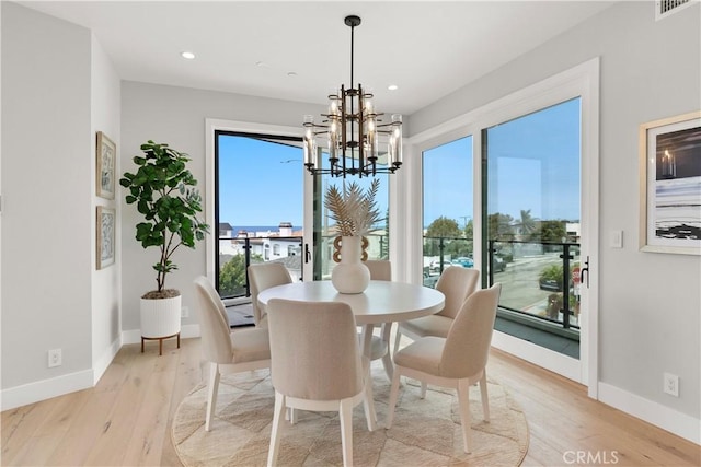 2141 Circle Dr, Hermosa Beach, CA 90254 - dining space with a chandelier, baseboards, light wood-style floors, and recessed lighting