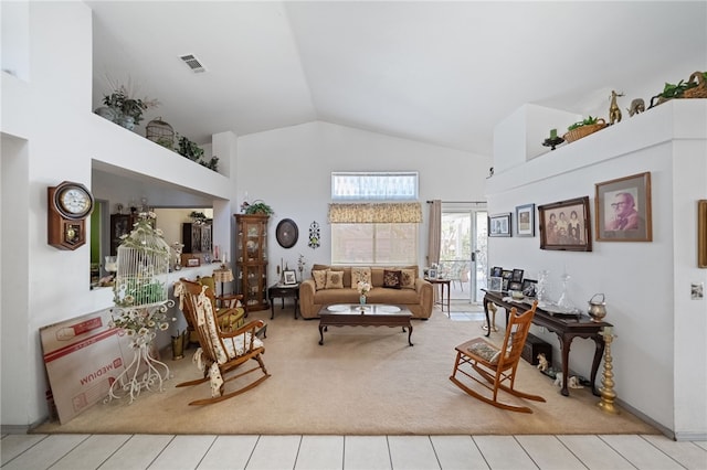 32725 Trailwood Ct, Wildomar, CA 92595 - carpeted living area featuring high vaulted ceiling