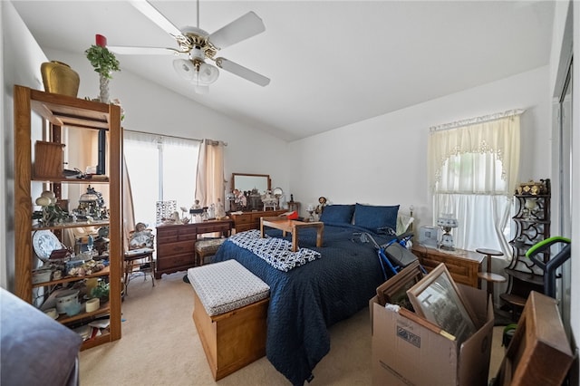 32725 Trailwood Ct, Wildomar, CA 92595 - bedroom with lofted ceiling, light colored carpet, and ceiling fan