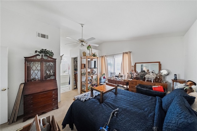 32725 Trailwood Ct, Wildomar, CA 92595 - bedroom featuring light colored carpet, vaulted ceiling, ceiling fan, and ensuite bathroom
