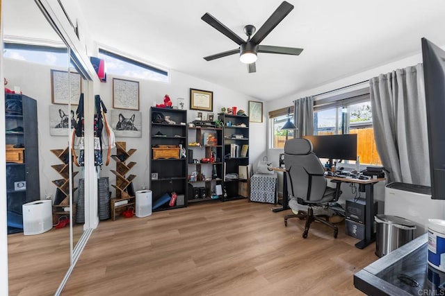 6252 Lake Albano Ave, San Diego, CA 92119 - office featuring a ceiling fan, wood finished floors, and vaulted ceiling