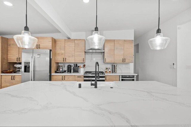 6252 Lake Albano Ave, San Diego, CA 92119 - kitchen with appliances with stainless steel finishes, tasteful backsplash, light stone countertops, wall chimney exhaust hood, and recessed lighting