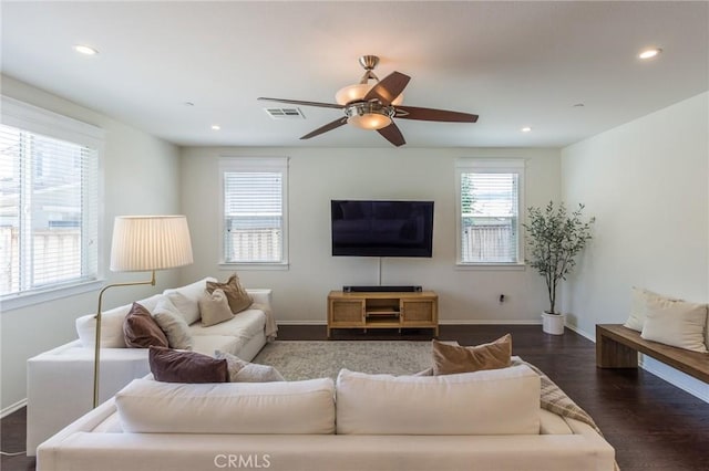 29590 Rawlings Way, Lake Elsinore, CA 92530 - living room with baseboards, dark wood-type flooring, recessed lighting, and a ceiling fan