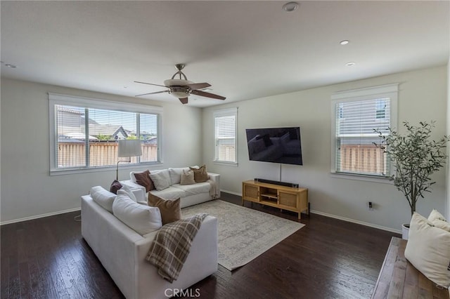 29590 Rawlings Way, Lake Elsinore, CA 92530 - living area with ceiling fan, baseboards, dark wood-type flooring, and recessed lighting