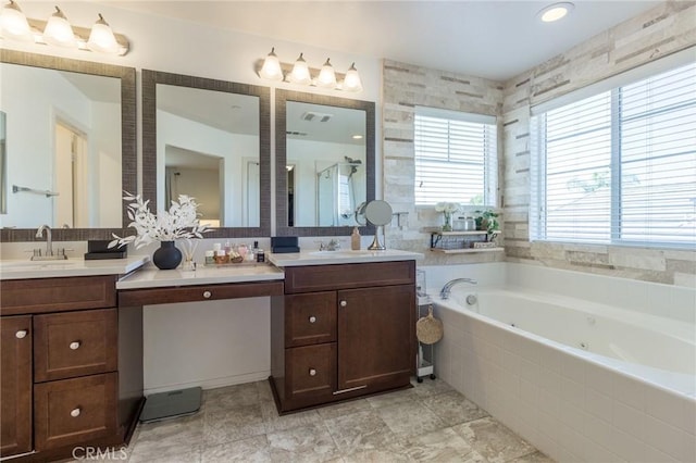 29590 Rawlings Way, Lake Elsinore, CA 92530 - bathroom with a tub with jets, two vanities, and a shower stall