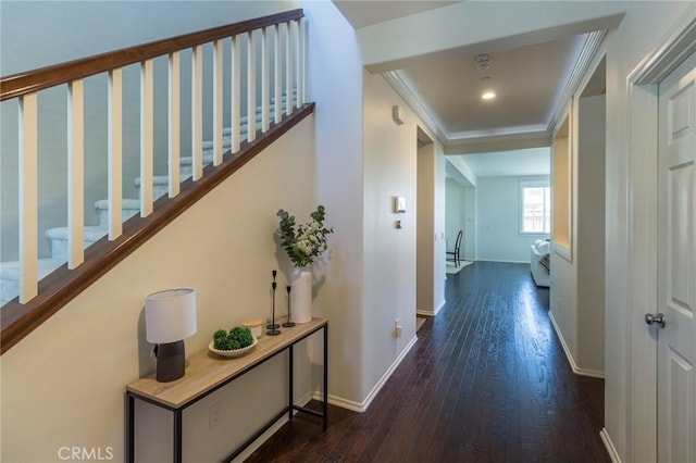 29590 Rawlings Way, Lake Elsinore, CA 92530 - corridor with hardwood / wood-style floors, baseboards, and stairway