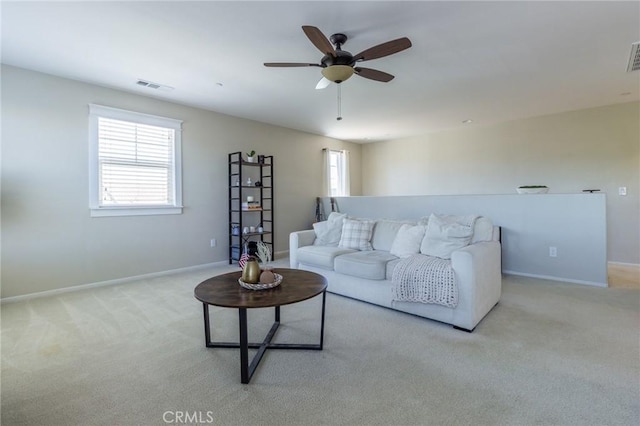 29590 Rawlings Way, Lake Elsinore, CA 92530 - living room featuring carpet flooring, baseboards, and ceiling fan