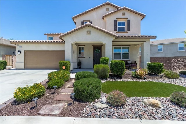 29590 Rawlings Way, Lake Elsinore, CA 92530 - mediterranean / spanish-style home with stucco siding, a garage, a porch, and driveway