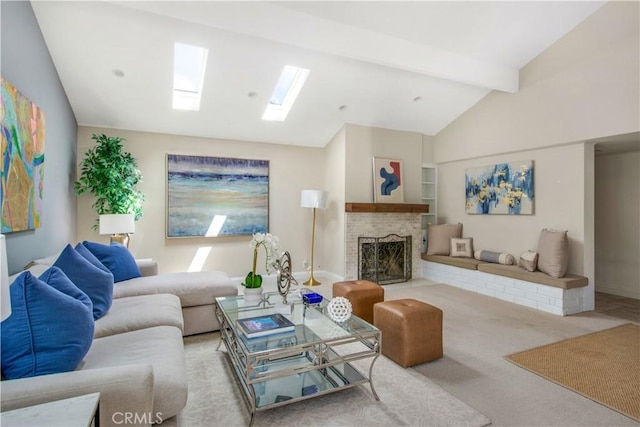 2662 Salmon Dr, Los Alamitos, CA 90720 - carpeted living area featuring a brick fireplace and a skylight