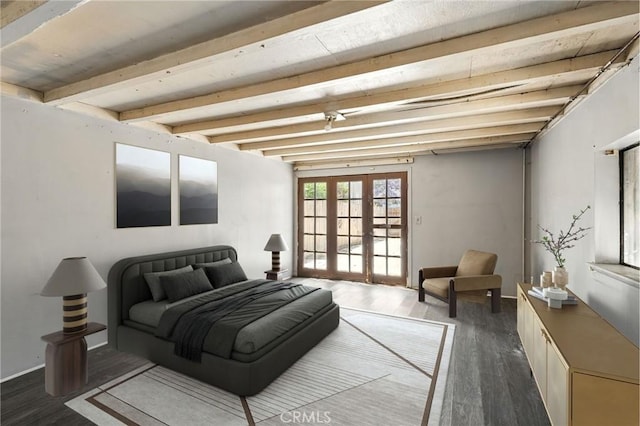 541 Randolph St, Pomona, CA 91768 - bedroom featuring french doors, beam ceiling, wood finished floors, and access to outside