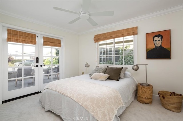 1307 Oxford Ln, Newport Beach, CA 92660 - bedroom with light colored carpet, ornamental molding, french doors, access to exterior, and a ceiling fan