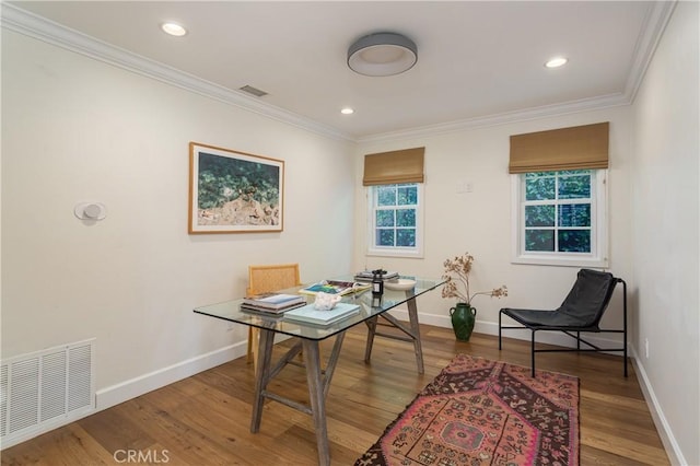 1307 Oxford Ln, Newport Beach, CA 92660 - office area featuring wood finished floors, baseboards, ornamental molding, and recessed lighting