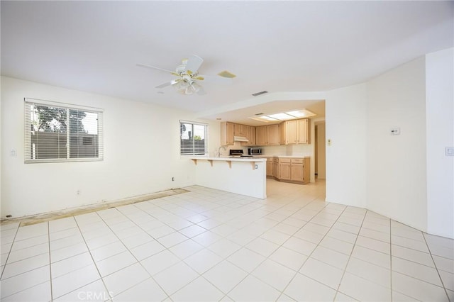 24177 Morning Dove Ln, Murrieta, CA 92562 - unfurnished living room featuring a ceiling fan, a sink, and light tile patterned flooring