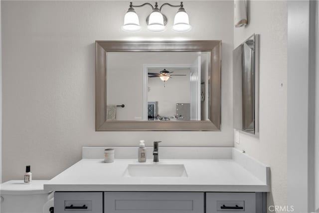 21044 Wisteria St, Apple Valley, CA 92308 - bathroom featuring vanity, toilet, and a ceiling fan