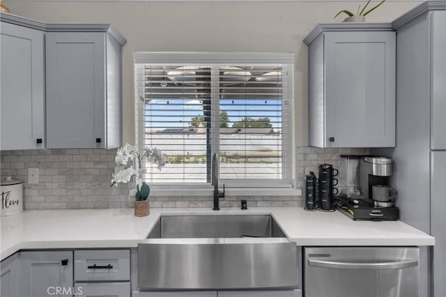 21044 Wisteria St, Apple Valley, CA 92308 - kitchen with stainless steel dishwasher, a sink, gray cabinets, and tasteful backsplash