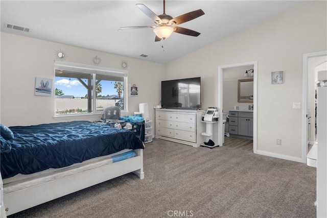 21044 Wisteria St, Apple Valley, CA 92308 - bedroom featuring lofted ceiling, carpet, ensuite bathroom, baseboards, and ceiling fan