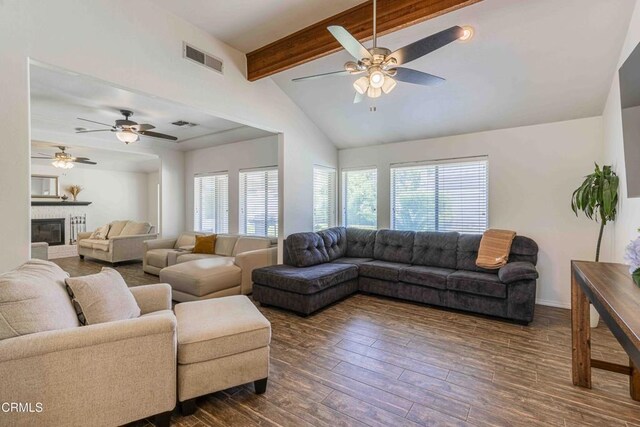 14000 Castlemaine Ave, Bakersfield, CA 93314 - living room with ceiling fan, dark wood-type flooring, and a glass covered fireplace