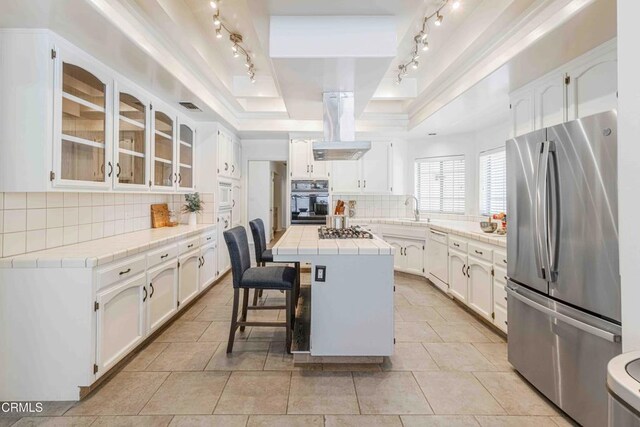 14000 Castlemaine Ave, Bakersfield, CA 93314 - kitchen featuring stainless steel appliances, a tray ceiling, tile counters, island exhaust hood, and rail lighting