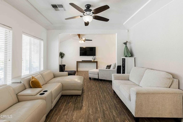 14000 Castlemaine Ave, Bakersfield, CA 93314 - living area with a ceiling fan and dark wood-style flooring