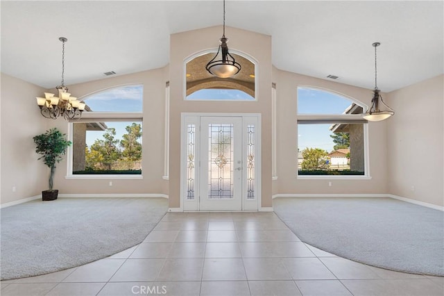 19410 Allegheny Ct, Apple Valley, CA 92307 - tiled foyer with a chandelier, carpet flooring, lofted ceiling, and baseboards