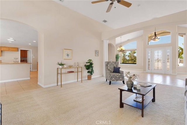 19410 Allegheny Ct, Apple Valley, CA 92307 - sitting room with arched walkways, a ceiling fan, light colored carpet, light tile patterned floors, and recessed lighting